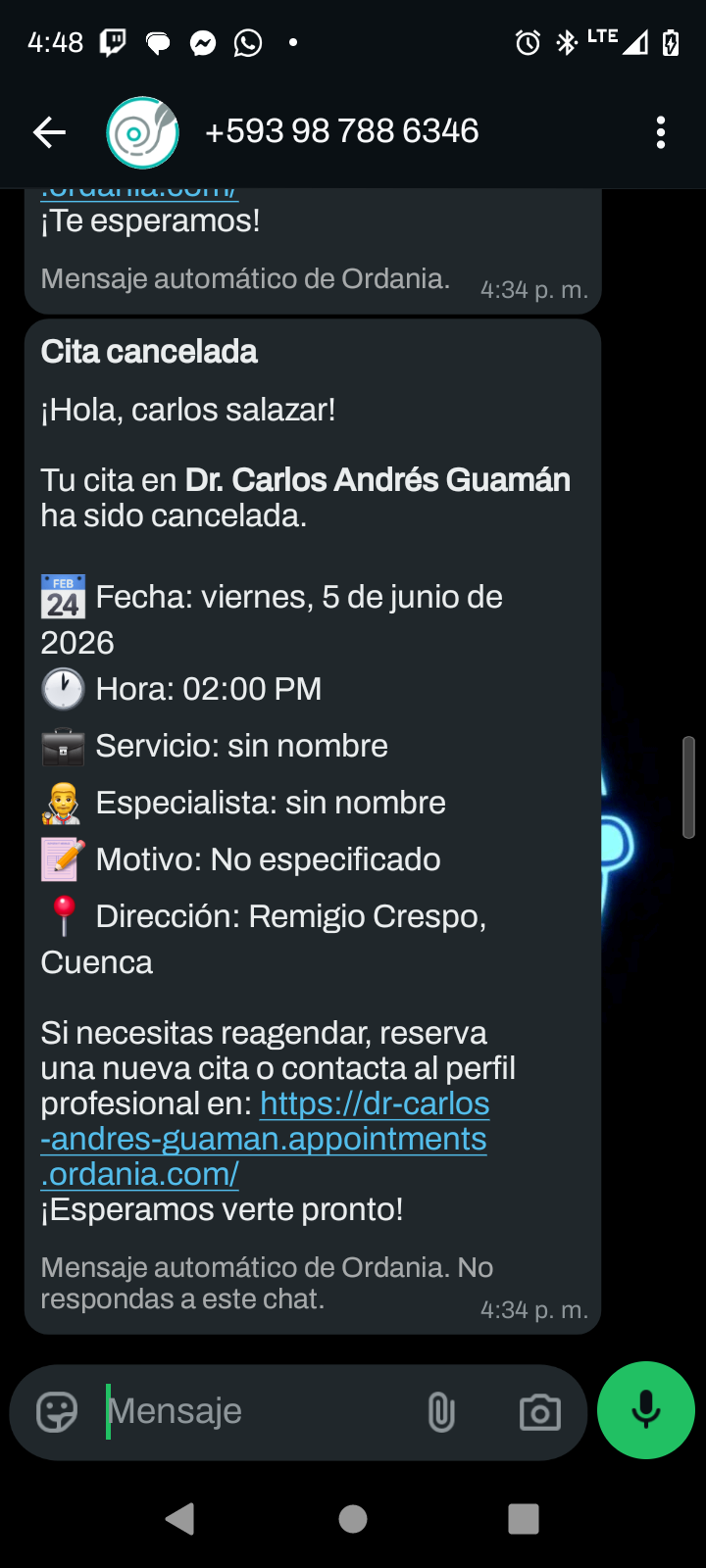 Recordatorio automático de cita enviado por WhatsApp desde Ordania al paciente